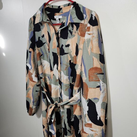 Nine West Patchwork Midi Dress Small Belted Long Sleeve Button Down Collared - Picture 3 of 13